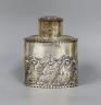 An Edwardian repousse silver oval tea caddy, Sibray, Hall & Co Ltd, London, 1901, height 10.1cm, 129 grams.                                                                                                                 