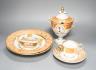 Regency porcelains - a Spode pot pourri, pair of plates, armorial cream pail and cover and a saucer and later cup, tallest 21 cm                                                                                            