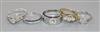 Five assorted white and yellow gold diamond set dress rings- 9ct(2) and 18ct(3).                                                       