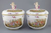 A pair of large Meissen style porcelain bowls and covers, late 19th century, possibly Potschappel, 34cm high 29cm diameter             