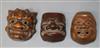 Three Japanese Meiji carved wood Noh mask netsukes, various, all signed                                                                