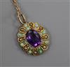 An Edwardian yellow metal, white opal, seed pearl and amethyst oval pendant (converted brooch) on a 9ct gold chain, pendant 19mm.      