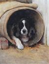 Samuel Fulton (1855-1941) Dog in a barrel kennel 20 x 16in.                                                                            