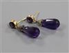 A pair of early 20th century yellow metal, amethyst and diamond chip drop earrings, 30mm.                                              