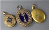 An early 20th century yellow metal oval locket and two other lockets including silver gilt and enamel,                                 