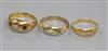 Two 18ct gold and gypsy set gem set rings and a 9ct gold and gypsy set gem set ring.                                                   