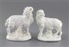 A rare pair of Derby 'dry-edge' figures of a ram and ewe, c.1752, Andrew Planché period, h. 13cm and 12cm, small areas of restoration  