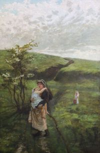 Alice Mary Havers (1860-1890) Gleaner and her children in a landscape 35.5 x 23.5in.                                                   