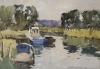 Edward Wesson (1910-1983), watercolour, Moored boats along a river, signed, 41 x 58cm                                                                                                                                       