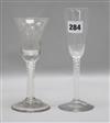 Two 18th century wine glasses with opaque twist stems, one etched with a bird and vines 14.5cm                                         