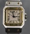 A lady's stainless steel and yellow metal Santos De Cartier automatic wrist watch, no box or paperwork.                                