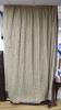 1970's hessian fabric and brown leather curtains, with Paisley fabric trimmed edges.                                                                                                                                        