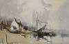 Edward Wesson (1910-1983), watercolour, Fishing village with sail barge, signed, 32 x 49cm                                                                                                                                  