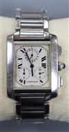 A gentleman's stainless steel Cartier Tank chronograph quartz wrist watch, with Cartier pouch, no box or paperwork.                    