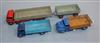 Three Dinky flat beds (blue Guy, brown-blue Leyland Comet and red and green fodder with trailer Longest 32cm                           