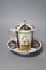 A late 19th century Dresden chocolate cup, cover and stand, overall height 15cm                                                                                                                                             