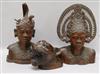 Two Balinese carved hardwood heads and another of the head of a tiger (3) 31cm                                                         