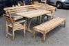 Gaze Burvill. An oak garden table, bench, low bench and pair of chairs Table L.170cm, Bench L.210cm, Low bench L.195cm                 