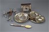 A set of six Italian 800 white meat small dishes, three other dishes, a pair of knife rests and a white metal mounted timepiece.       