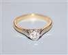 A diamond solitaire ring, '18ct and plat' setting, size O.                                                                             