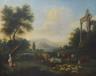 Early 19th century Continental School, oil on canvas, Cattle drover and shepherdess at rest in a classical landscape, 60 x 73cm                                                                                             
