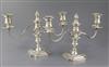 A pair of 1970's silver two branch three light dwarf candelabra, by Barker Ellis Silver Co, weighted.                                  