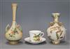 A Royal Worcester blush ivory vase, an ivory ground vase, and a Worcester China Decorator's bird painted cup and saucer tallest 25cm   