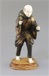 A Japanese lacquer and ivory okimono of a man, Taisho period, 1920s, H. 29cm, parts lacking                                            