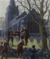 Justin Todd (b.1932), gouache and watercolour, 'Roundheads putting a figure in stocks by a church', signed, 16.5 x 14cm                