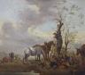 19th century Continental School, oil on canvas, Horses and travellers at rest, 32 x 35cm                                                                                                                                    