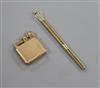 A small 1930's engine turned 9ct gold mounted lighter and a let 9ct gold swizzle stick.                                                