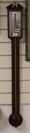 A Georgian mahogany stick barometer by Jn. Ortelly & Co, 94 Holborn Hill, London, with silvered scales H.95cm                          