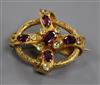 A Victorian yellow metal and gem set openwork bow pendant brooch, 49mm.                                                                