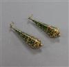 A pair of ornate 9ct gold and enamel tapering triangular drop earrings, 50mm.                                                          