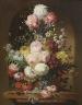 Josef Steiner (1910-1984), oil on wooden panel, Still life of flowers in a vase on a ledge, signed, 49 x 39cm                                                                                                               