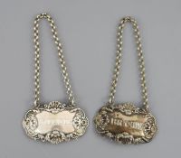 A pair of George IV silver wine labels 'Hollands' & 'Brandy' by Paul Storr, London, 1827, 64mm & 2 others.                             