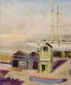 Rowland Suddaby (1912-1972), oil on board, Coastal scene with yacht builders huts, signed and dated 1938, 53 x 44cm, unframed                                                                                               