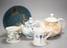 Jonathan Chiswell Jones, two teapots and a lustre bowl, 20.5cm and two mugs by KB (5)                                                                                                                                       