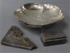 A Japanese sterling silver bowl, a similar stamp box and a set of four white metal corner mounts                                       