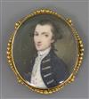 18th century English School Miniature portrait of a gentleman wearing a blue coat 1.5 x 1.25in., gold brooch frame                     