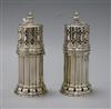 A pair of George V silver lighthouse sugar casters, Vander & Hedges (Tessier), London 1911, 16 oz.                                     