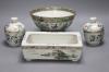 A Chinese circular famille rose bowl, a rectangular landscape-decorated planter and a pair of small bowls and covers, largest 24cm Dia 23cm (bowl)                                                                          