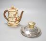A Royal Worcester Japanese taste coffee pot and a Victorian glass squat shaped inkwell, with a brass lid (2)                                                                                                                