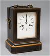 A line-inlaid boxwood and ebonised carriage clock, striking on bell, with white enamelled Roman dial                                   