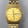 A gentleman's steel and gold plated Omega Seamaster automatic day/date wrist watch, on associated bracelet, case diameter 35mm.                                                                                             