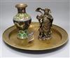 A Chinese cloisonne enamel vase, a brass tray and a bronze figure of a deity tray diameter 52.5cm                                      
