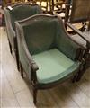 A pair of walnut and mahogany green upholstered fauteuils                                                                              