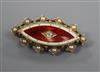 A late Victorian, yellow metal, enamel, diamond and seed pearl set elliptical brooch, 33mm.                                            