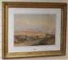 19th century English School, watercolour, Iberian oxon travelling in a landscape with classical ruins, 41 x 56cm                       