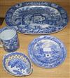 A Spode blue and white dish, 'Death of the Boar', a meat plate basket and tankard (4)                                                  
